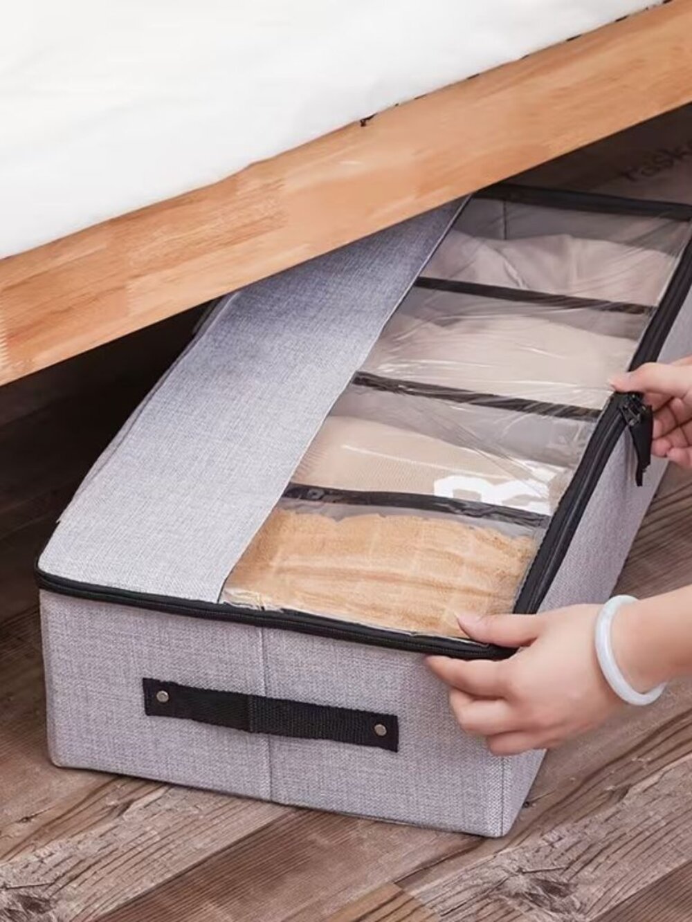Under Bed Storage Organizer Container Grey Zipper Clear Window Foldable Box